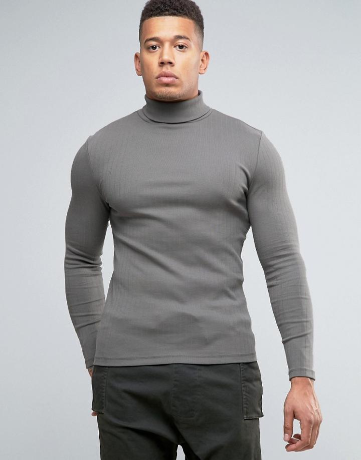 Asos Extreme Muscle Long Sleeve T-shirt In Rib Fabric With Roll Neck A