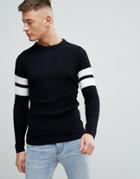 Boohooman Muscle Fit Ribbed Sweater With Arm Stripe In Black - Black