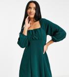 Asos Design Petite Square Ruched Neck Mini Dress In Bottle Green