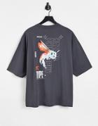 Asos Design Oversized T-shirt In Charcoal Organic Cotton Blend With Bird Back Print-grey