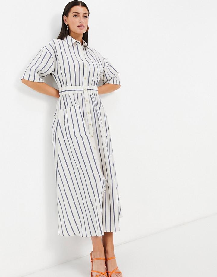 Asos Design Button Through Elastic Waist Midi Shirt Dress In Stripe-multi