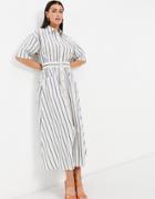 Asos Design Button Through Elastic Waist Midi Shirt Dress In Stripe-multi
