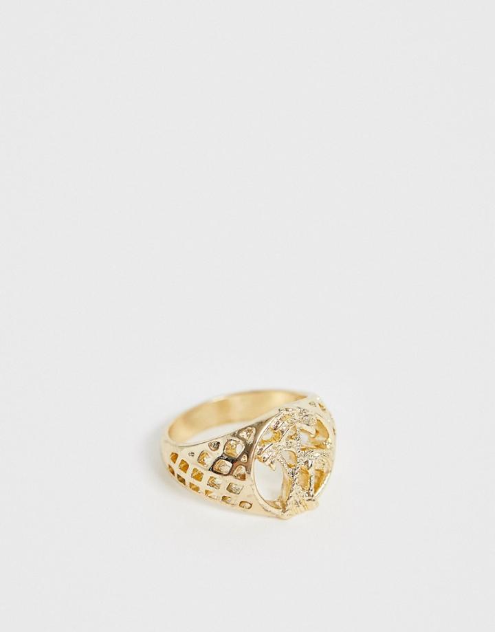 Asos Design Cut-out Palm Tree Signet Ring In Gold Tone - Gold