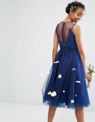 Chi Chi London Embroidered Tulle Midi Dress With Button Back - Navy