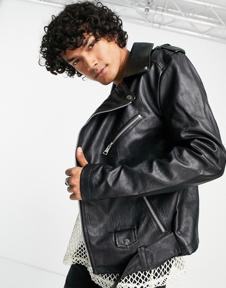 Asos Design Oversized Asymmetric Faux Leather Moto Jacket In Black