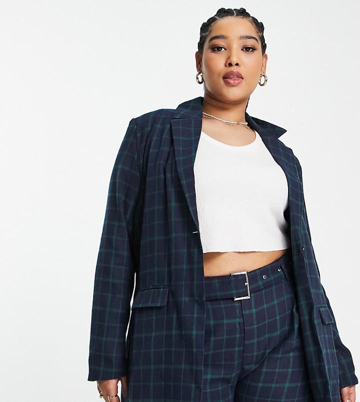 Heartbreak Plus Slouchy Boyfriend Blazer In Navy And Green Check