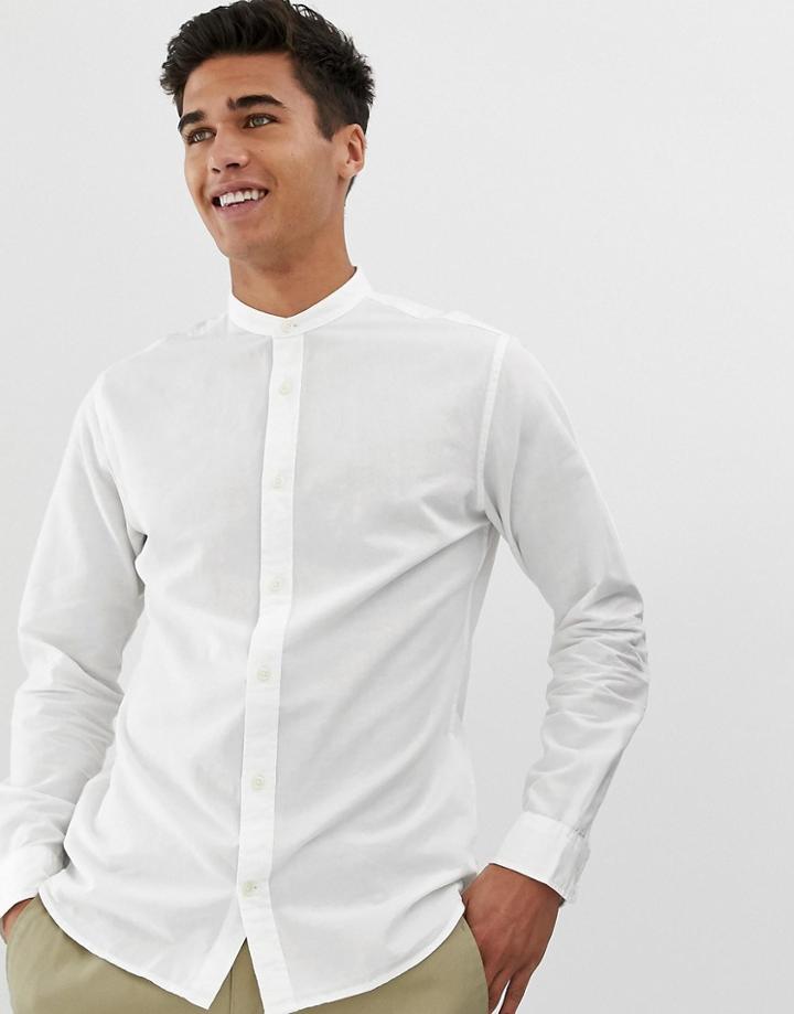 Jack & Jones Essentials Slim Fit Grandad Collar Linen Mix Shirt In White - White