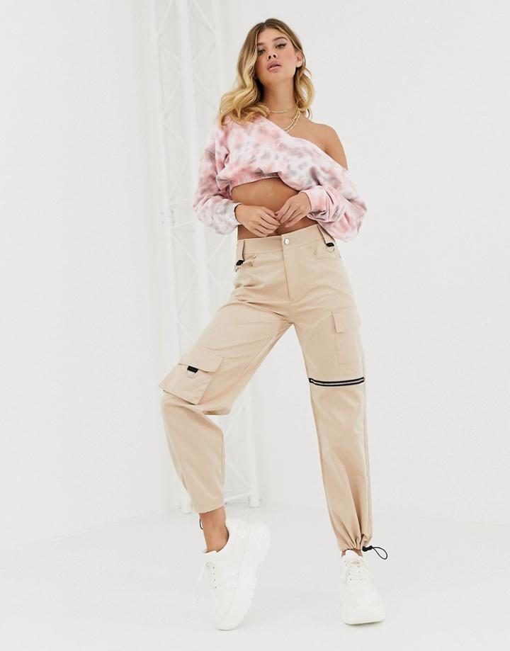 Public Desire Relaxed Cargo Pants With Zip And Pocket Detail-beige