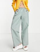 Topshop Low Rise Wide Leg Nylon Cargo Pants In Khaki-green