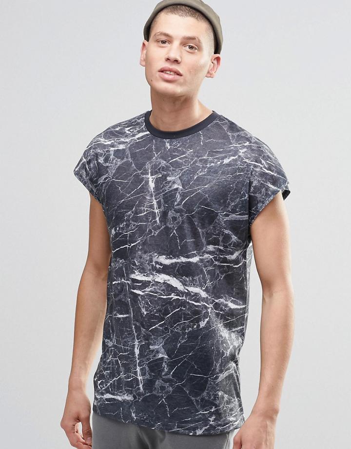 Asos Oversized Sleeveless T-shirt With Marble Print On Linen Look Fabric - Gray
