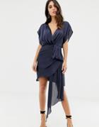 Asos Design Mini Dress With Drape Skirt Detail In Crinkle Chiffon - Blue