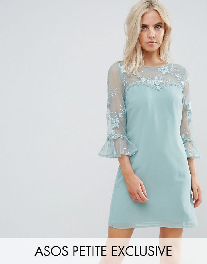 Little Mistress Petite Allover Lace Top Shift Dress With Fluted Sleeve Detail - Green