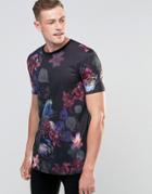 Asos Longline T-shirt With Bright Floral Print - Black