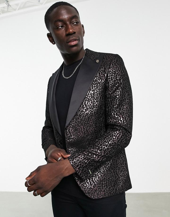 Twisted Tailor Blazer In Purple With Black Leopard Jacquard Design