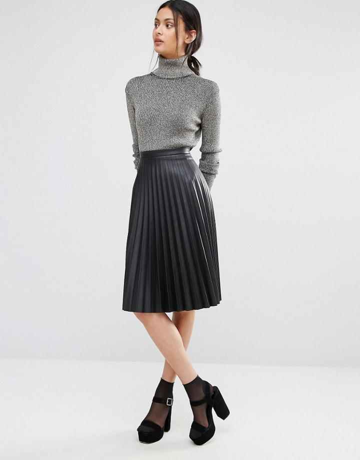 Oasis Leather Look Pleated Midi Skirt - Black
