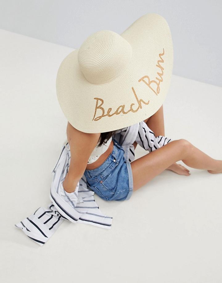 Asos Straw Floppy Hat With Slogan And Size Adjuster - Beige