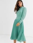 Asos Design High Neck Pleated Midi Dress With Long Sleeves