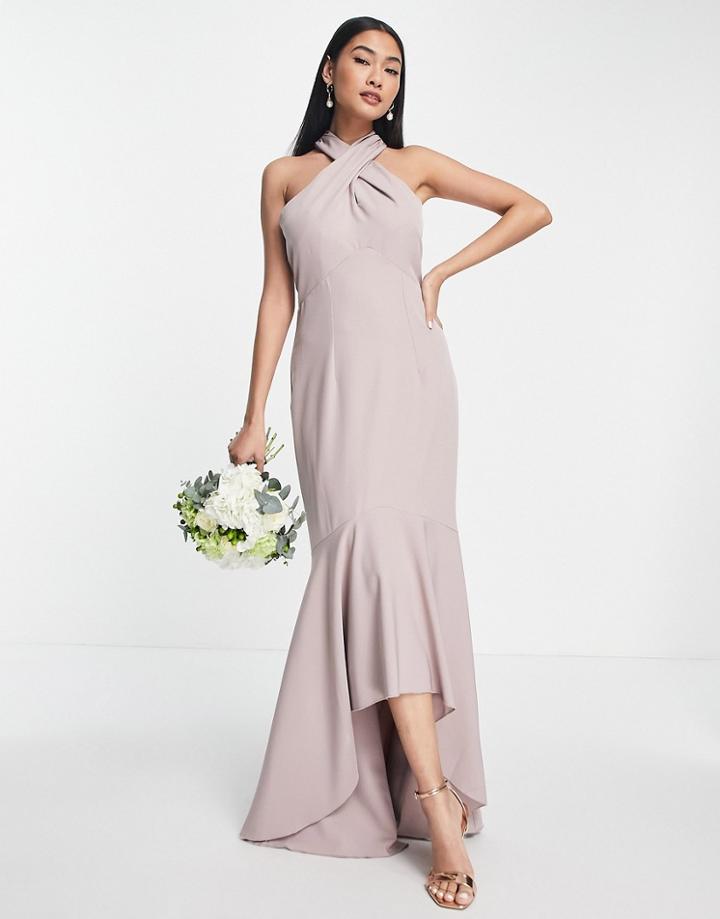 Little Mistress Bridesmaid Cross Front Midi Dress In Mink-pink