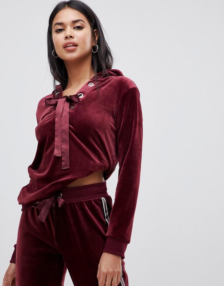 Hunkemoller Velour Lace Up Loungewear Hoodie In Purple-red