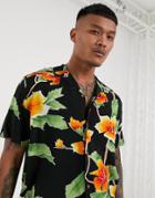 Asos Design Relaxed Fit Revere Shirt In Large Scale Black And Yellow Floral