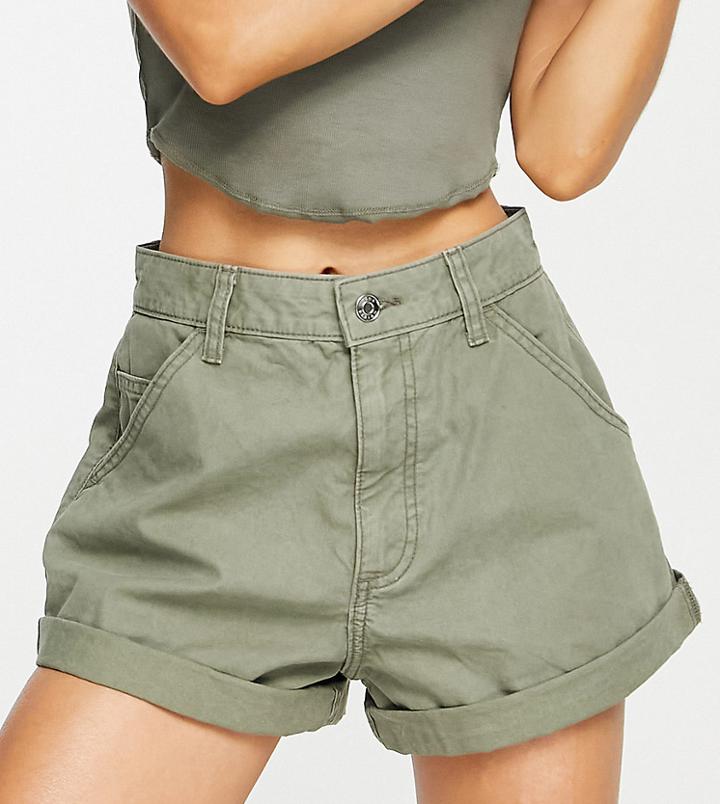Asos Design Petite Slouchy Mom Short In Washed Khaki-green