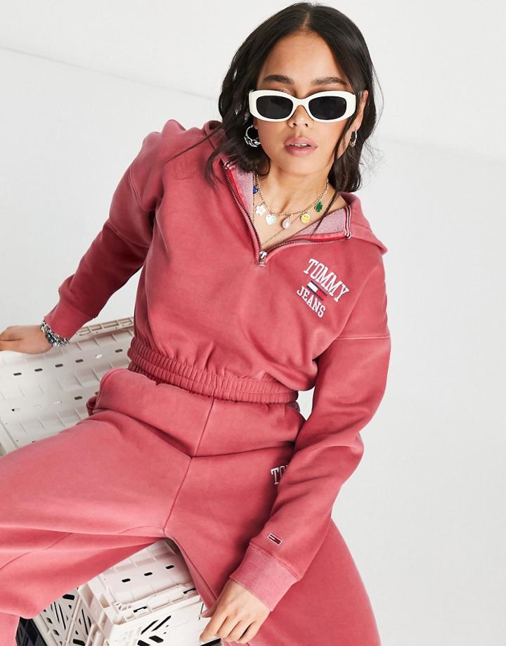 Tommy Jeans College Logo Super Crop Half Zip Hoodie In Red - Part Of A Set