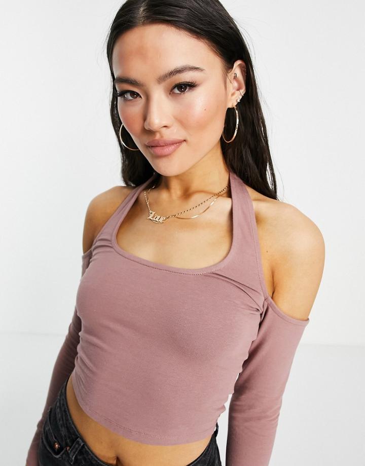 Asos Design Long Sleeve Halter Neck Crop Top In Mink-brown