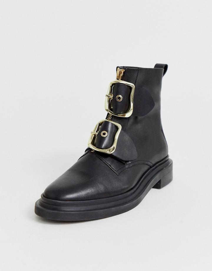 Asos Design Attribute Premium Leather Hardware Boots In Black - Black