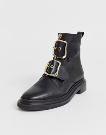 Asos Design Attribute Premium Leather Hardware Boots In Black - Black