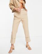 River Island Deep Cuff Pants In Beige-white
