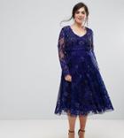 A Star Is Born Plus Scalloped V Neck Plunge Skater Dress With Allover Embellishment - Blue