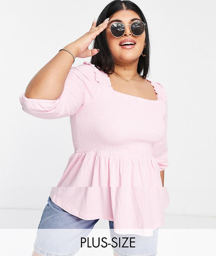 Simply Be Shirred Peplum Top In Light Pink