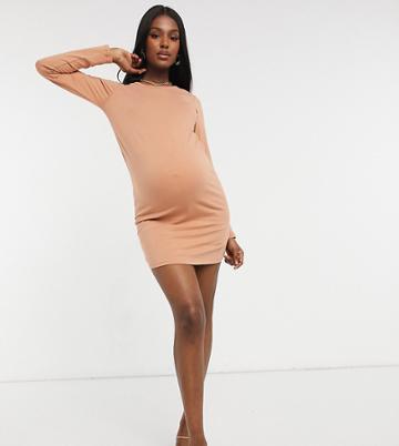 Outrageous Fortune Maternity Exclusive Long Sleeve Mini Dress In Camel-brown