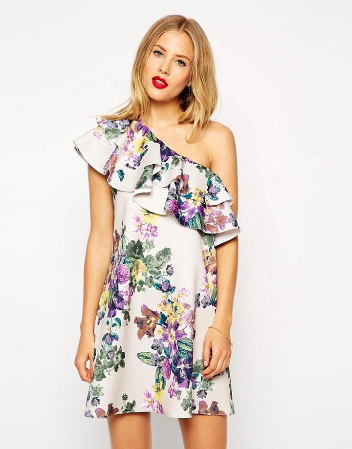 Asos Scuba Swing Dress In Floral Print With Ruffle One Shoulder - Multi