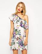Asos Scuba Swing Dress In Floral Print With Ruffle One Shoulder - Multi