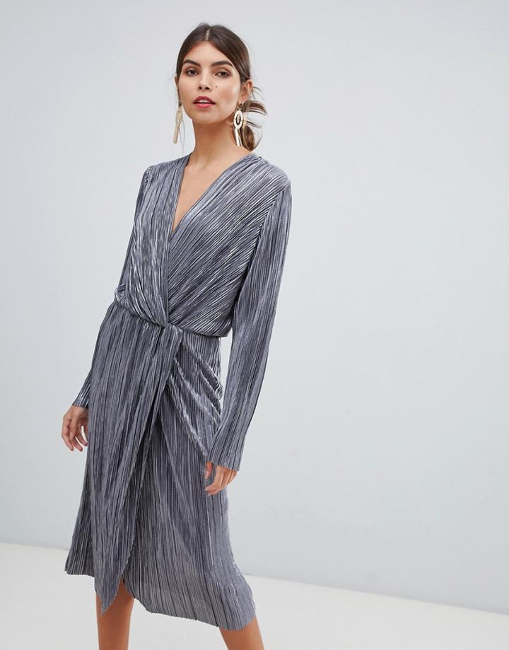 Vila Pleated Metallic Knot Midi Dress In Silver - Silver