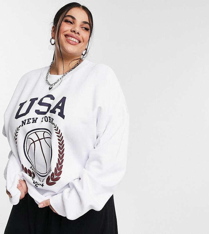 Asos Design Curve Oversized Sweatshirt With Usa Baseball Print In White