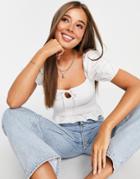 Asos Design Square Neck Shirred Top With Tie In White