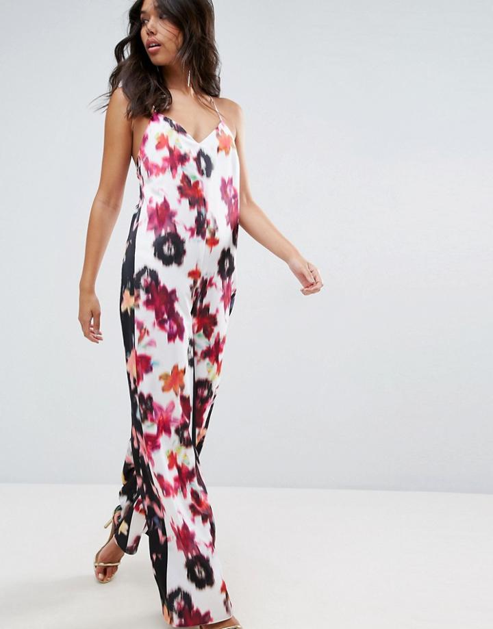 Asos Satin Jumpsuit In Mixed Blurred Floral Print - Multi