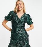 Collective The Label Puff Sleeve Wrap Skirt Mini Dress In Emerald Green