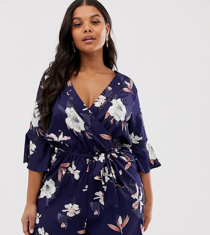 Influence Plus Wrap Front Romper With Ladder Detail In Floral Print - Blue