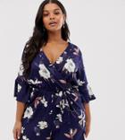 Influence Plus Wrap Front Romper With Ladder Detail In Floral Print - Blue