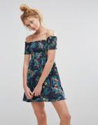Asos Off Shoulder Sundress With Shirring In Parrot Print - Multi