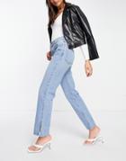 Asos Design Low Rise Straight Leg Jeans In Midwash With Split Hem-blues