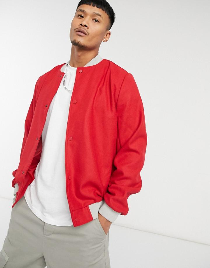 Asos Design Actual Wool Varsity Jacket In Red