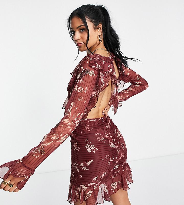 Asos Design Tall Embellished Mini Dress With Ruffle Detail In Floral Print-multi