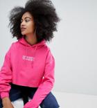 Crooked Tongues Oversized Cropped Hoodie In Pink With Logo Print - Pink