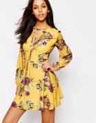 Oh My Love Long Sleeve Tea Dress With Keyhole And Tie - Yellow Print