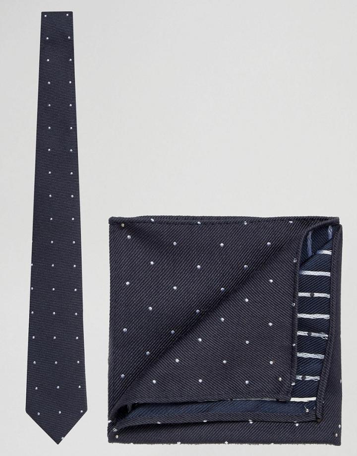 Asos Polka Tie And Pocket Square Pack In Textured Wool Mix - Navy
