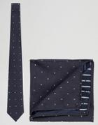 Asos Polka Tie And Pocket Square Pack In Textured Wool Mix - Navy